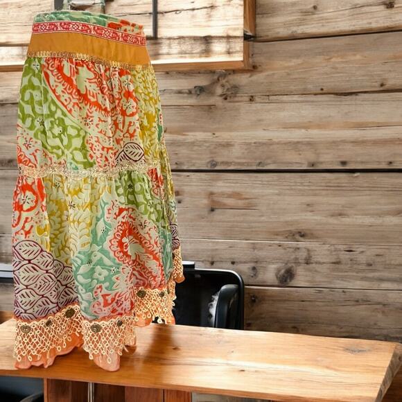 Boho Festival Silk Blend Gypsy Midi Skirt Devoré Velvet Cynthia Steffe Size 16 - Picture 3 of 14